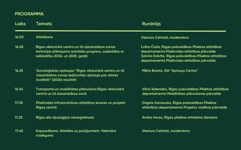 Vebināra par Rīgas vēsturiskā centra teritorijas plānošanas aktualitātēm&nbsp;programma