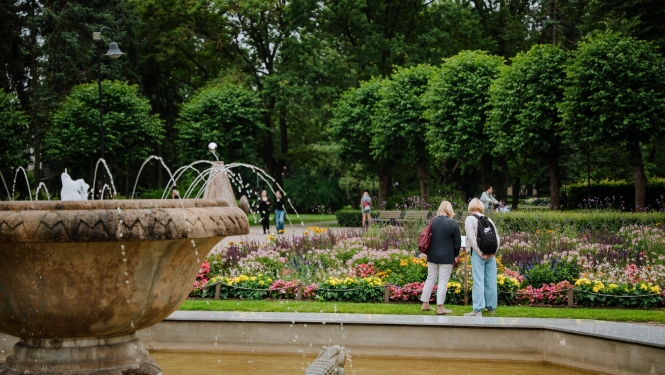 Cilvēki pastaigājas parkā; strūklaka