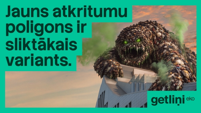 Kampaņas vizuālis, atkritumu kalns gāžas pāri Nacionālās bibliotēkas ēkai