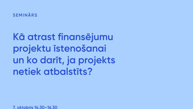 Tiešsaistes semināra vizuālis “Kā atrast finansējumu projektu īstenošanai ” nosaukums ar datumu