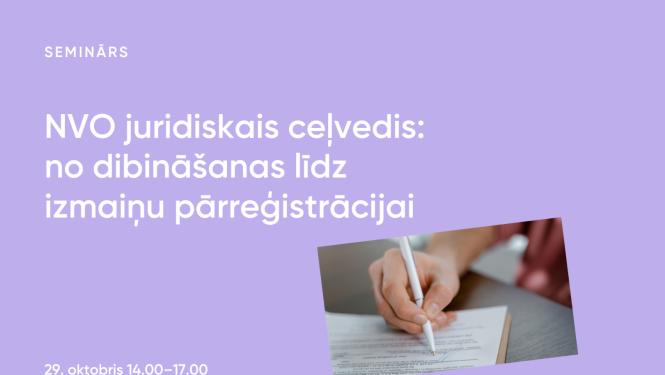 Tiešsaistes semināra NVO juridiskais ceļvedis vizuālis ar nosaukumu un datumu