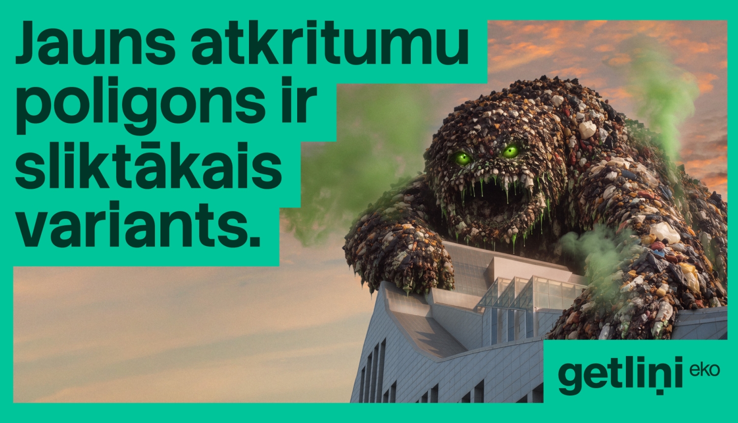 Kampaņas vizuālis, atkritumu kalns gāžas pāri Nacionālās bibliotēkas ēkai