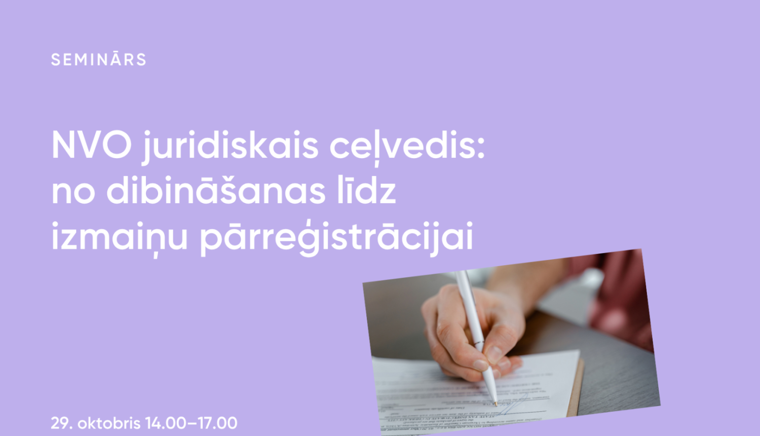 Tiešsaistes semināra NVO juridiskais ceļvedis vizuālis ar nosaukumu un datumu