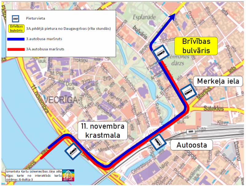 Karte ar iezīmētu 3a autobusa maršrutu vakarā “Brīvības piemineklis – Daugavgrīva”