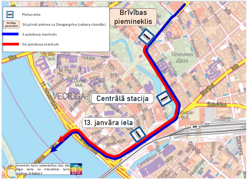 Karte ar iezīmētu 3a autobusa maršrutu no rīta “Daugavgrīva  – Brīvības bulvāris”