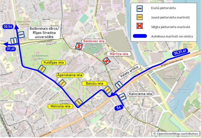 Karte ar izmaiņām 30., 37., 41. un 54. autobusa maršruta kustībā