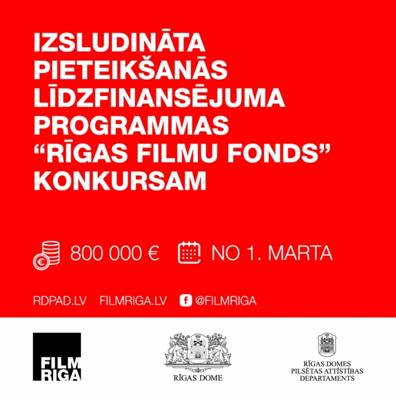 Izsludināta pieteikšanās līdzfinansējuma programmas "Rīgas filmu fonds" konkursam
