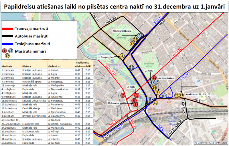 Papildreisu atiešanas laiki no pilsētas centra naktī no 31,decembra uz 1,janvāri