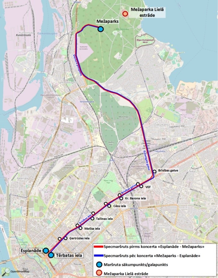 Sabiedriskā transporta papildreisu maršruts Prāta vētras koncertam