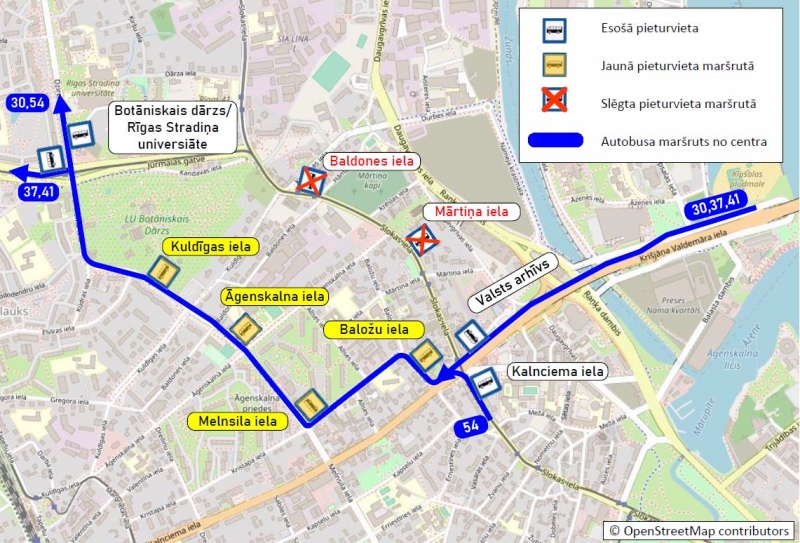 Karte izmaiņas 30., 37., 41. un 54. autobusa maršrutā