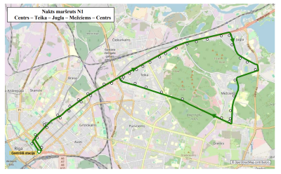 Maršruta N1 “Centrs – Teika – Jugla – Mežciems – Centrs”  karte