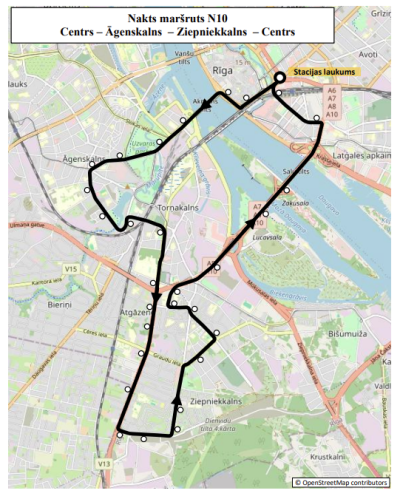 Maršruta N10 “Centrs – Āgenskalns – Ziepniekkalns – Centrs” karte