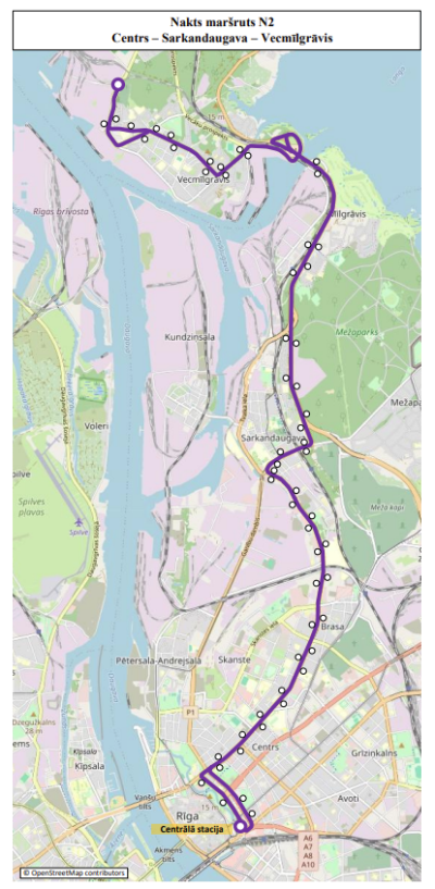 Maršruta N2 “Centrs – Sarkandaugava – Vecmīlgrāvis” karte