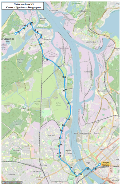 Maršruta N3 “Centrs – Iļģuciems – Daugavgrīva” karte