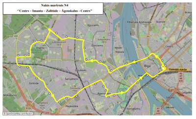 Maršruta N4 “Centrs – Imanta – Zolitūde – Āgenskalns – Centrs” karte