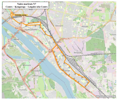 Maršruta N7 “Centrs – Ķengarags – Latgales iela - Centrs” karte