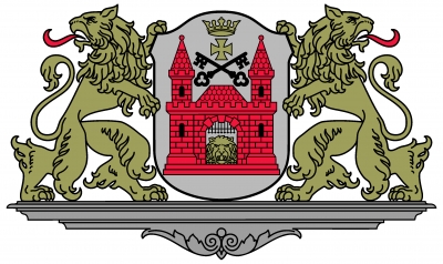 Rīgas valstspilsētas pašvaldības ģerbonis ar vairoga turētājiem