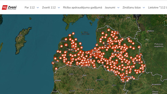 Latvijas kontūra ar patvertņu vietām