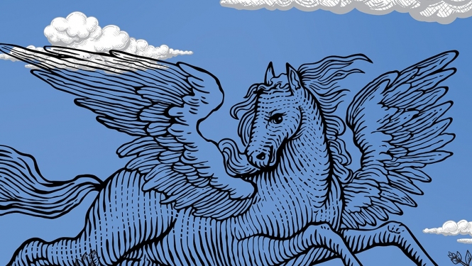 Pegass uz zila fona