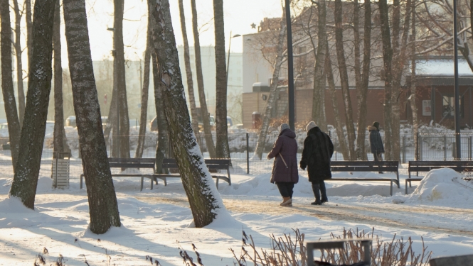 Sievites pastaigājas parkā ziemā