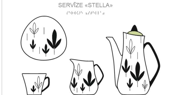 Albuma “Pieksarties porcelānam” lappuse ar tējas servīzes “Stella” taktilo attēlu