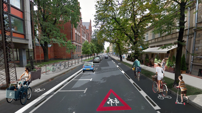 Kā izskaties iela pēc remontdarbiem ar veloceliņiem