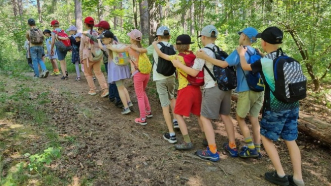 Bērni rindiņa staigā pa meža taku