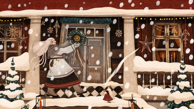 Māja ziemā ar Adventes vainagu