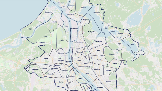 Karte ar iezīmētām Rīgas apkaimēm