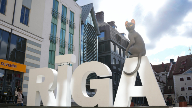 Straumes kaķis uz Rīgas burtiem Rātslaukumā