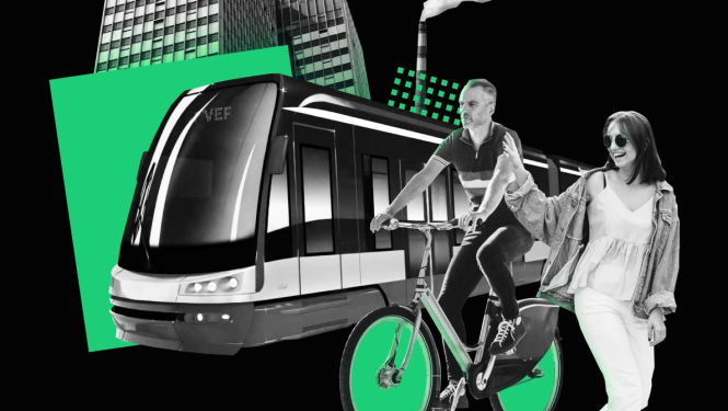 Plakāts uz kura attēloti cilvēki, tramvajs un ēkas