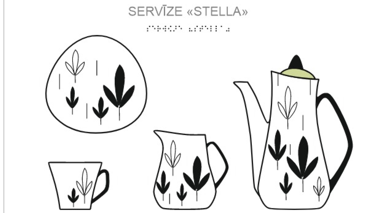 Albuma “Pieksarties porcelānam” lappuse ar tējas servīzes “Stella” taktilo attēlu