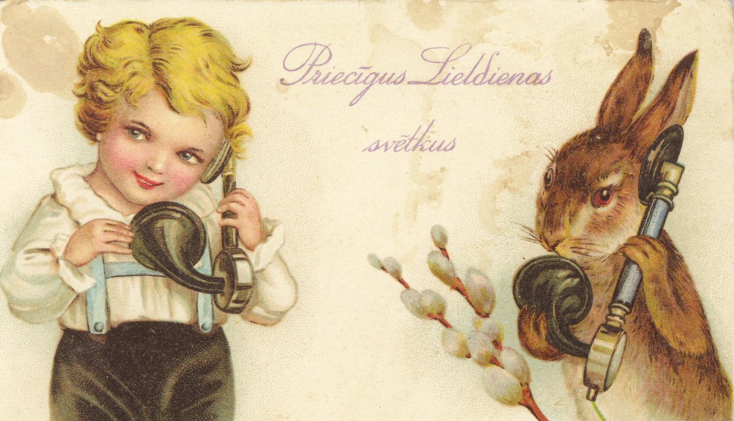 Telefons un bērni. 20. gs. sākumā. Atklātne no muzeja “Rīgas Jūgendstila centrs” krājuma.