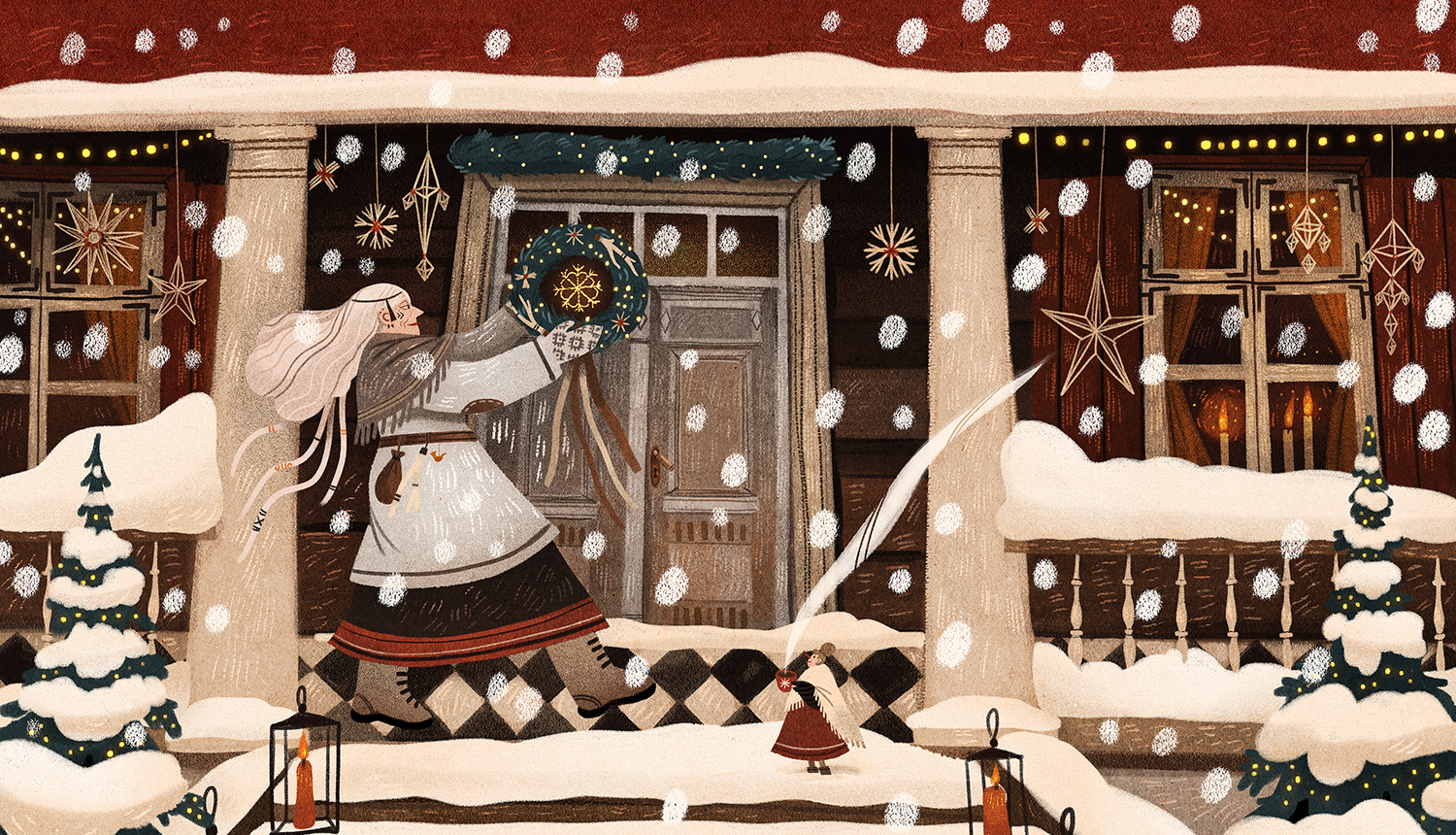 Māja ziemā ar Adventes vainagu