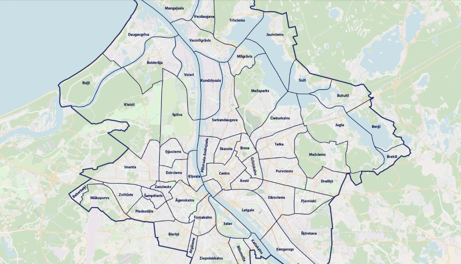 Karte ar iezīmētām Rīgas apkaimēm