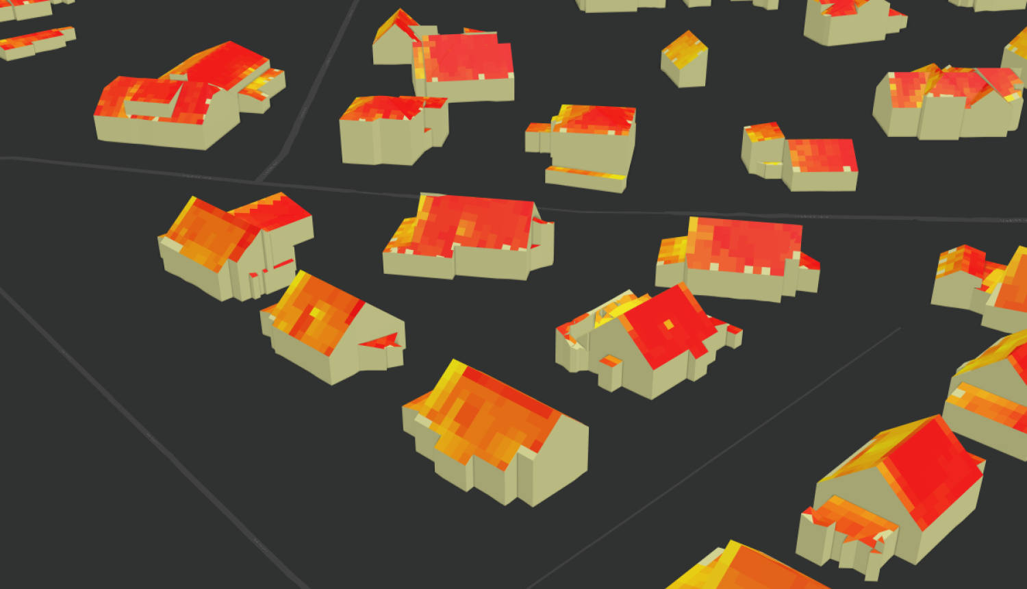 Māju jumti no augšas ar iekrāsotu saules enerģijas intensitāti