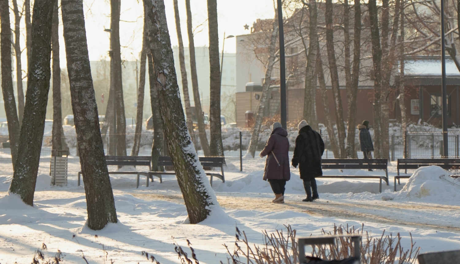 Sievites pastaigājas parkā ziemā